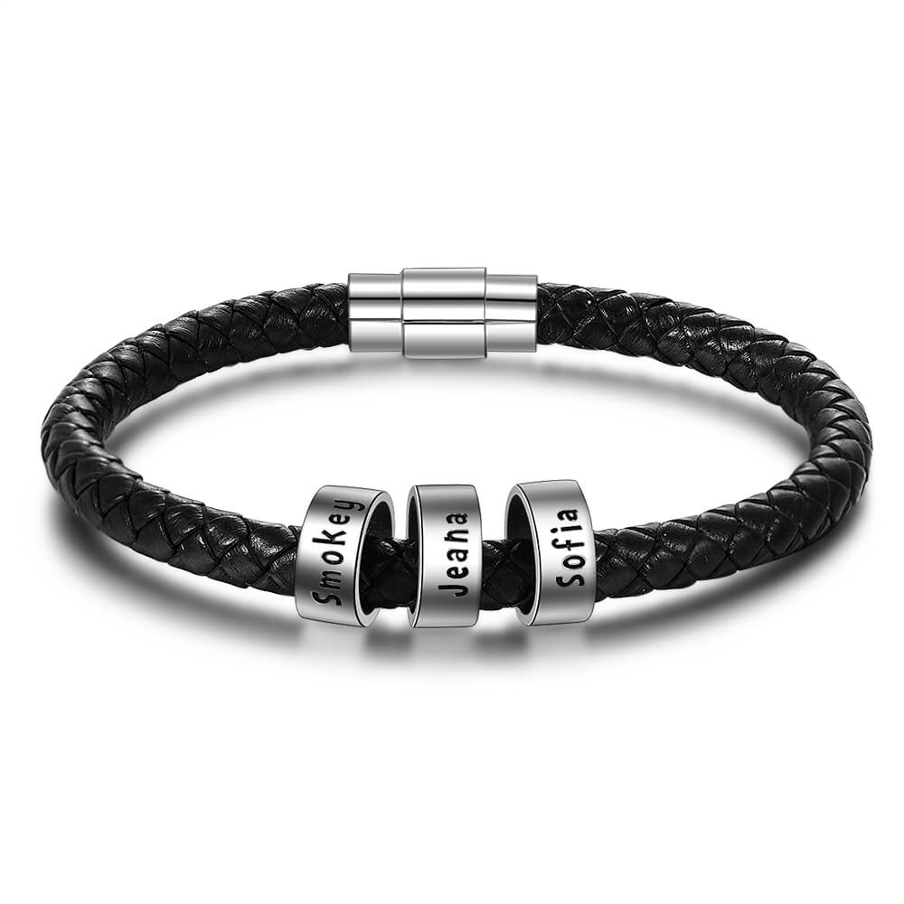 Personalised Men's Black Leather Bracelet - Men's Engraved 3 Names Bracelet - Sterling Silver Beads