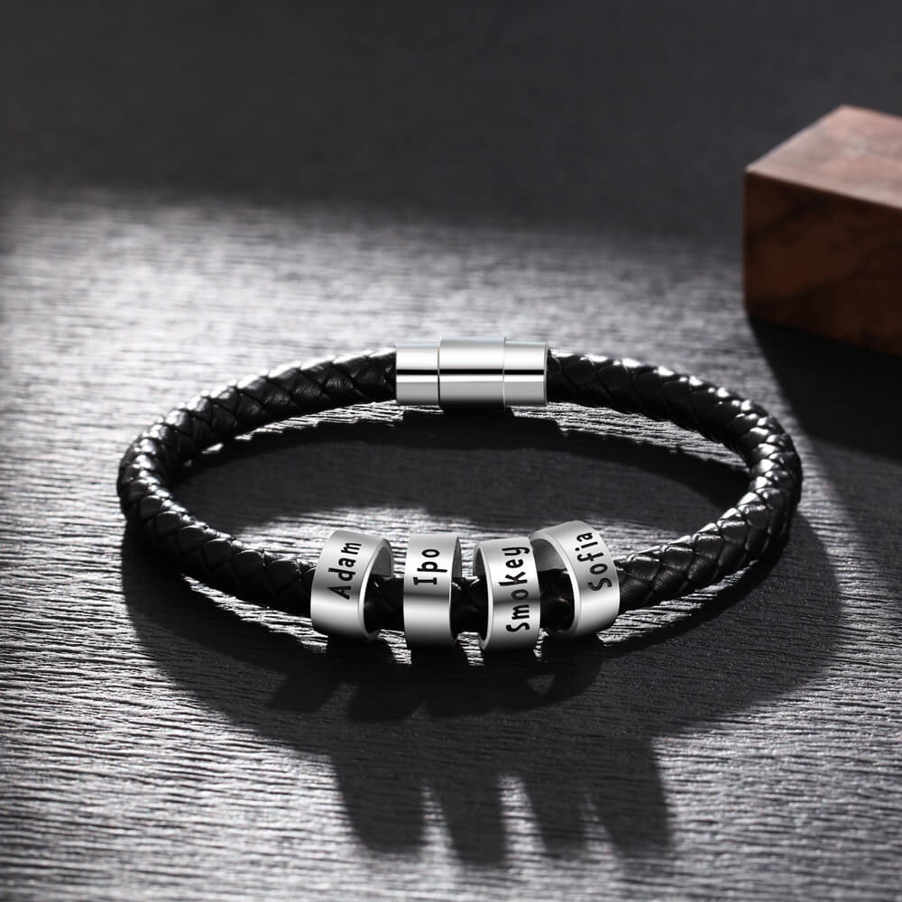 Personalised Men's Black Leather Bracelet - Men's Engraved 4 Names Bracelet - Sterling Silver Beads