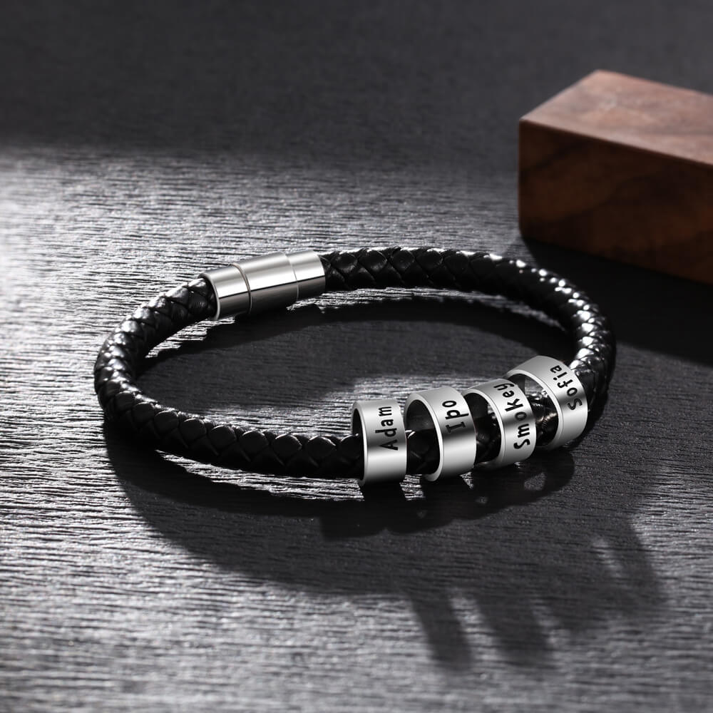 Personalised Men's Black Leather Bracelet - Men's Engraved 4 Names Bracelet - Sterling Silver Beads