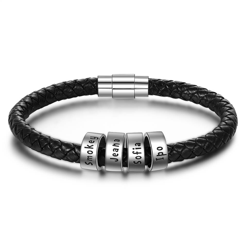 Personalised Men's Black Leather Bracelet - Men's Engraved 4 Names Bracelet - Sterling Silver Beads
