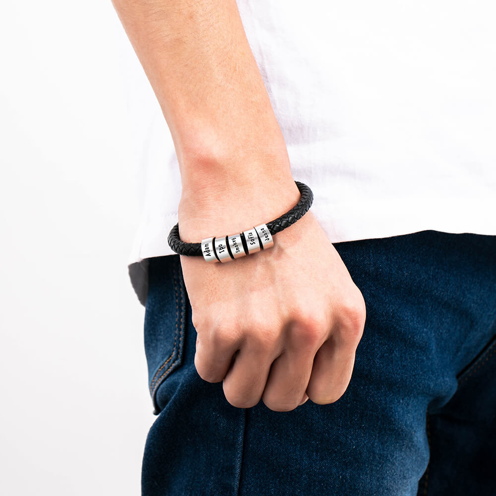 Personalised Men's Black Leather Bracelet - Men's Engraved 5 Names Bracelet - Sterling Silver Beads