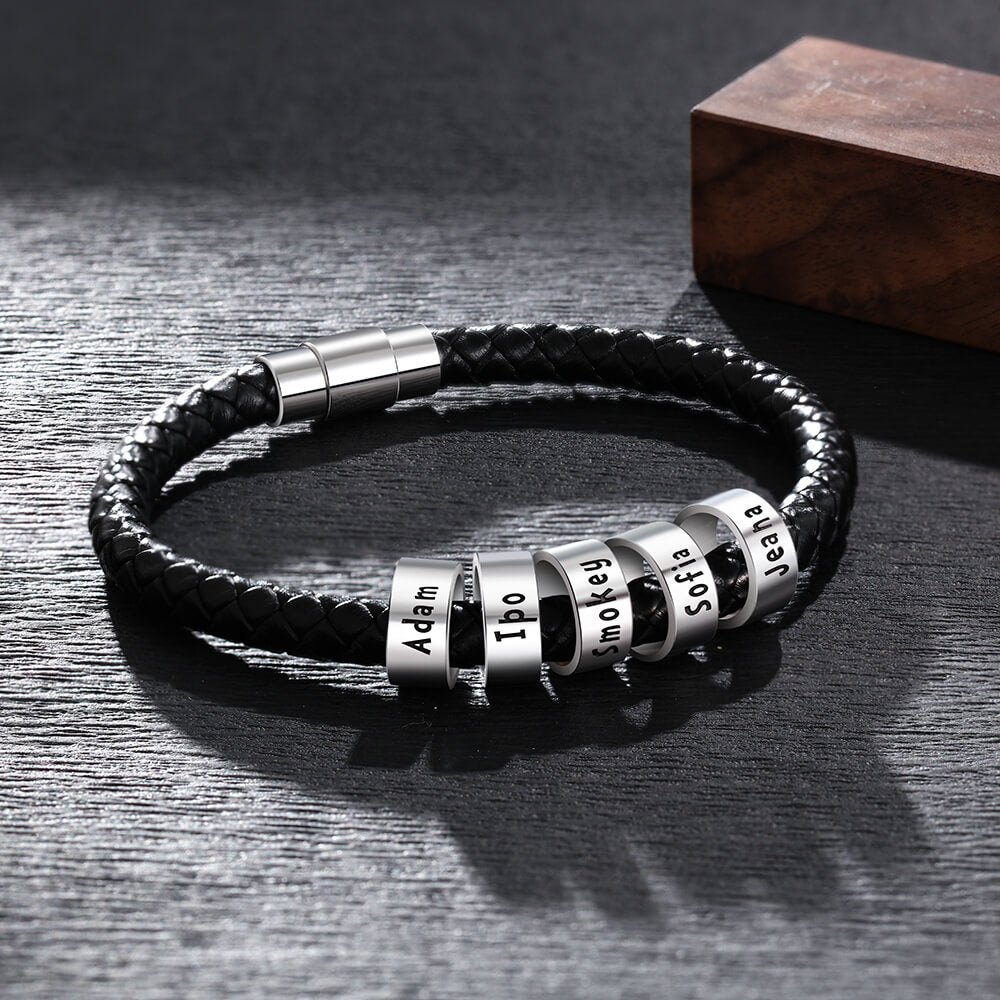 Personalised Men's Black Leather Bracelet - Men's Engraved 5 Names Bracelet - Sterling Silver Beads