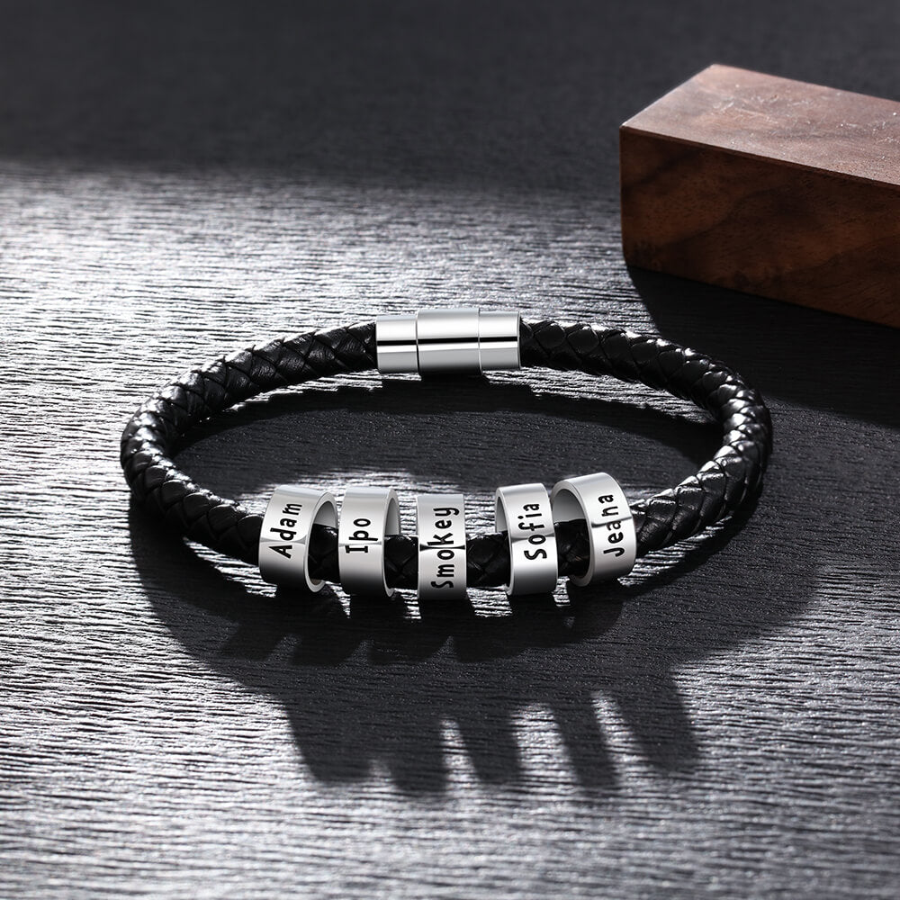 Personalised Men's Black Leather Bracelet - Men's Engraved 5 Names Bracelet - Sterling Silver Beads