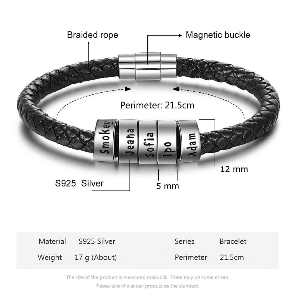 Personalised Men's Black Leather Bracelet - Men's Engraved 5 Names Bracelet - Sterling Silver Beads