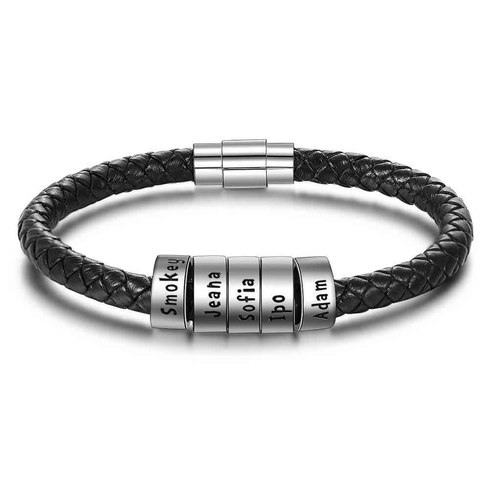 Personalised Men's Black Leather Bracelet - Men's Engraved 5 Names Bracelet - Sterling Silver Beads