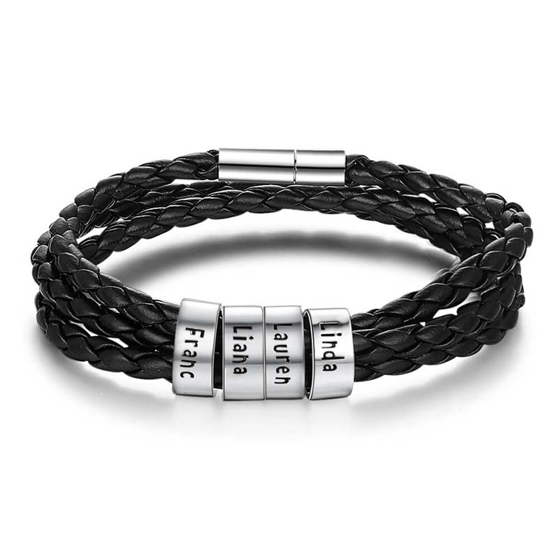 Personalised Men's Leather Bracelet - Men's Engraved 4 Names Bracelet - Sterling Silver Beads