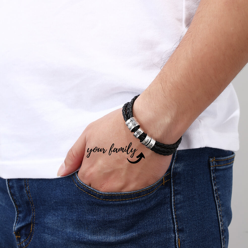 Personalised Men's Leather Bracelet - Men's Engraved 5 Names Bracelet - Sterling Silver Beads