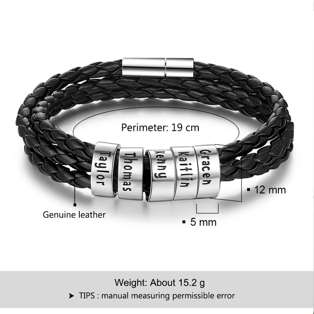 Personalised Men's Leather Bracelet - Men's Engraved 5 Names Bracelet - Sterling Silver Beads