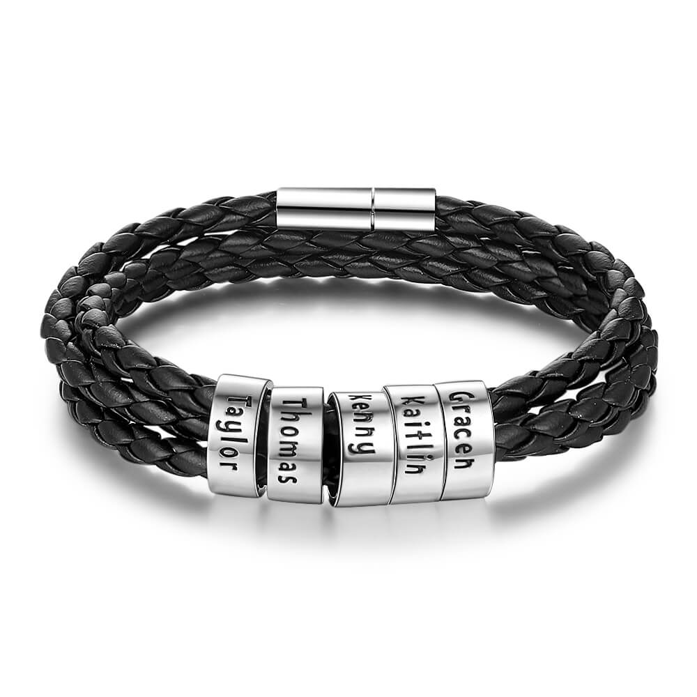 Personalised Men's Leather Bracelet - Men's Engraved 5 Names Bracelet - Sterling Silver Beads