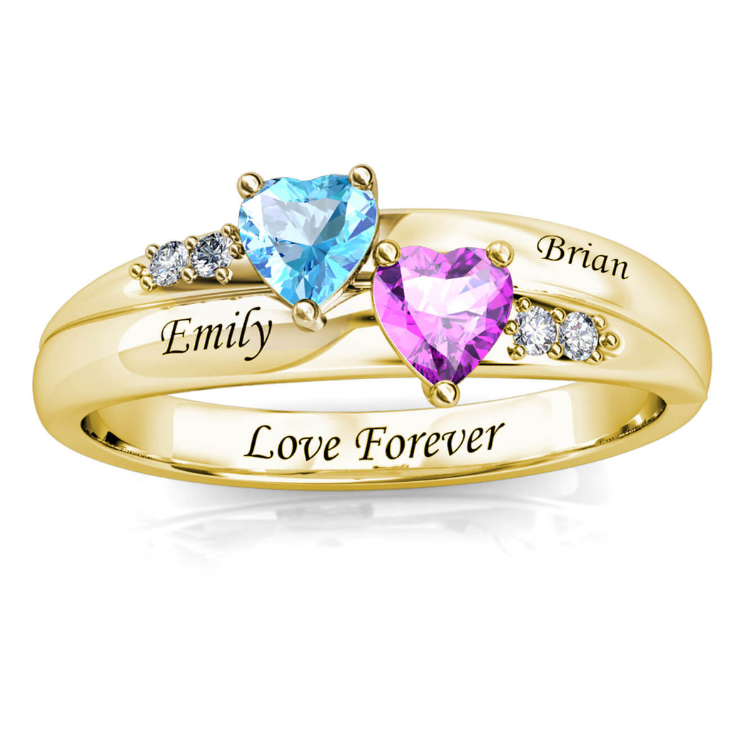 Personalised Two Heart Birthstones Ring with Two Engraved Names Yellow Gold