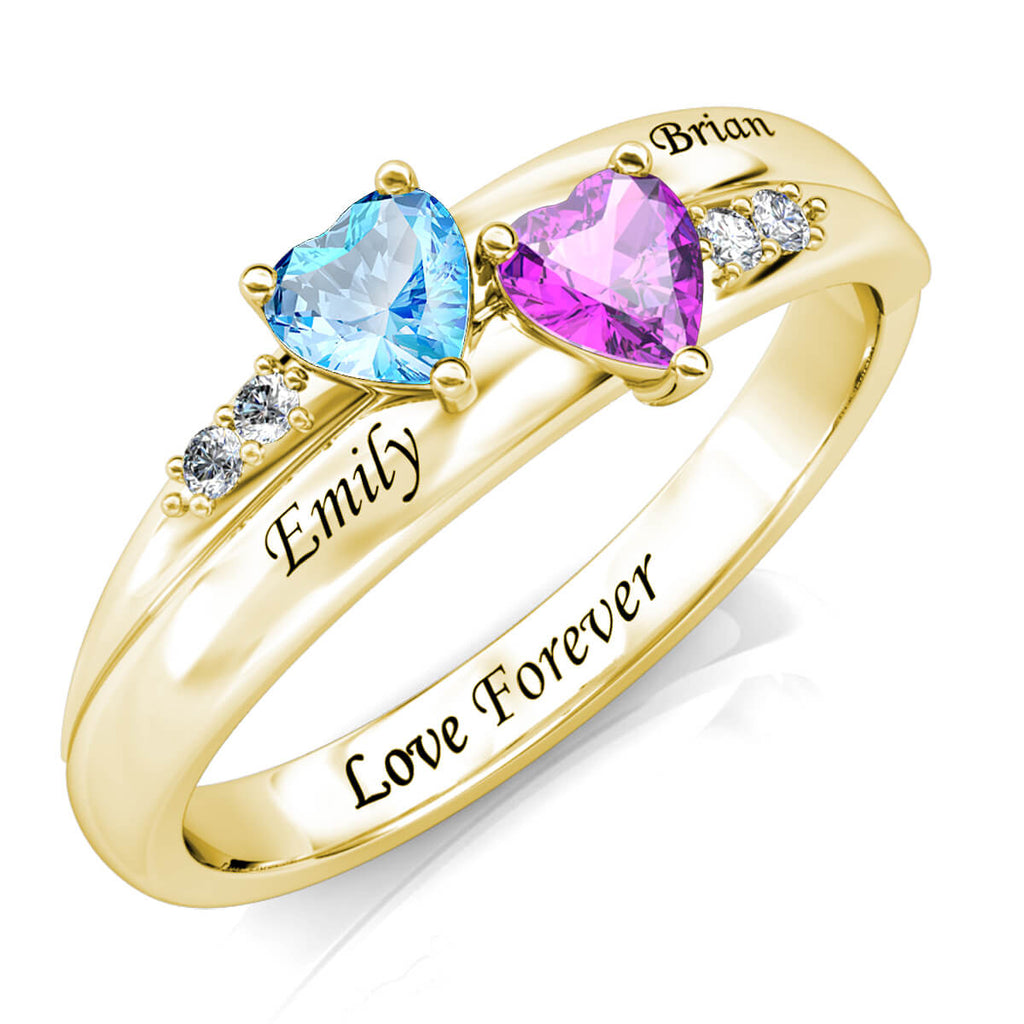 Personalised Two Heart Birthstones Ring with Two Engraved Names Yellow Gold