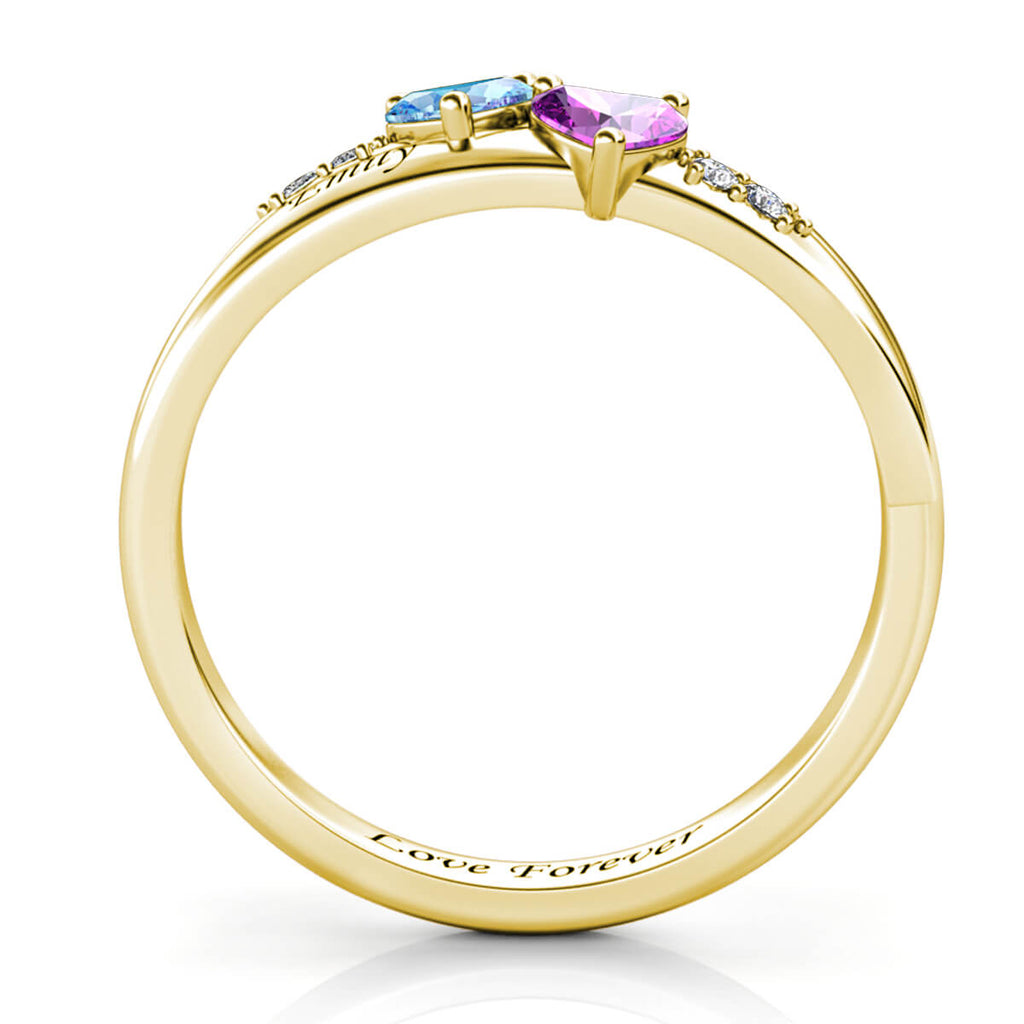 Personalised Two Heart Birthstones Ring with Two Engraved Names Yellow Gold