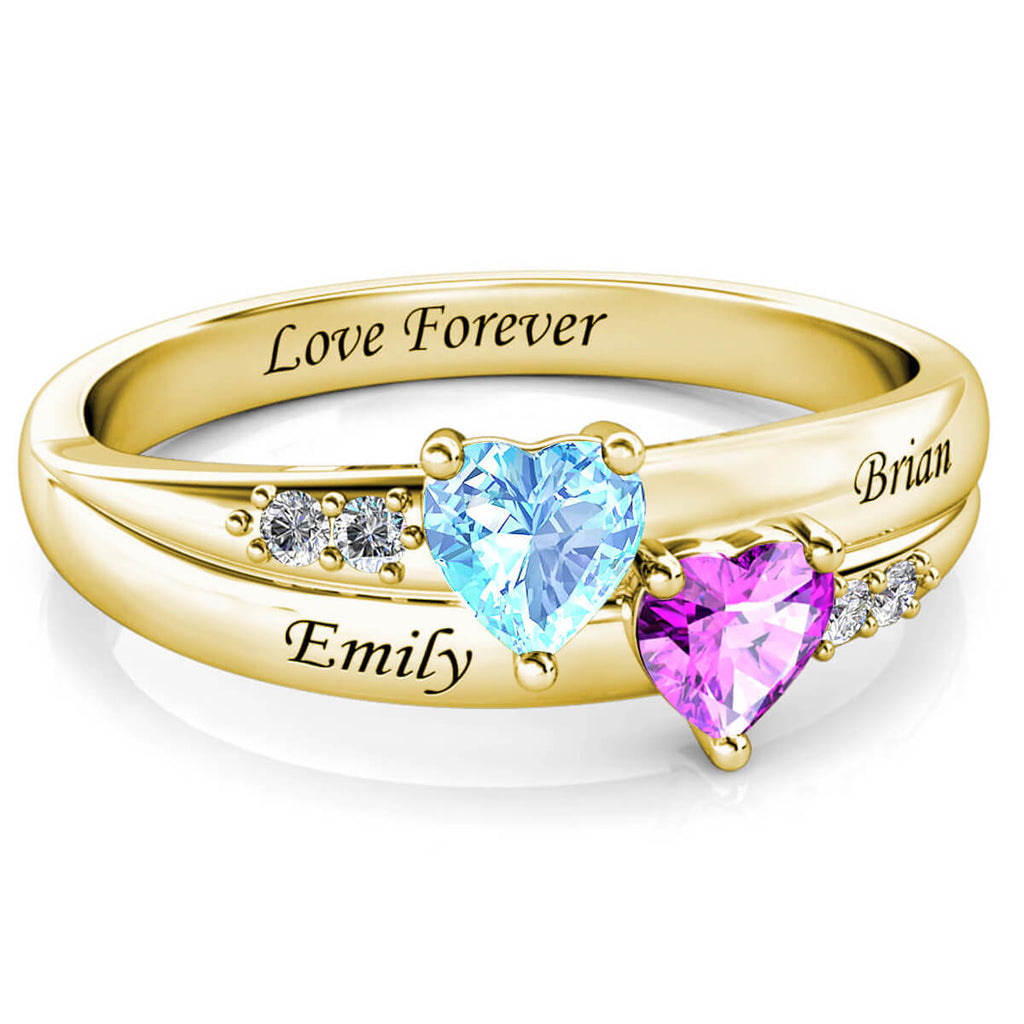 Personalised Two Heart Birthstones Ring with Two Engraved Names Yellow Gold