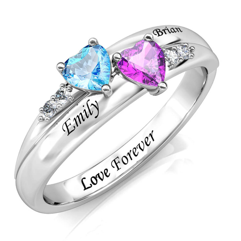 Personalised Two Heart Birthstones Ring with Two Engraved Names Sterling Silver