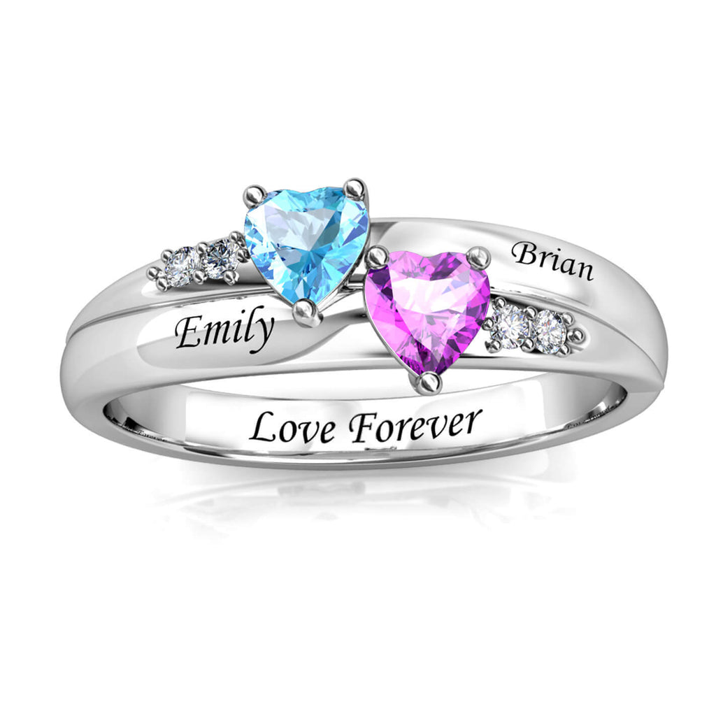 Personalised Two Heart Birthstones Ring with Two Engraved Names Sterling Silver