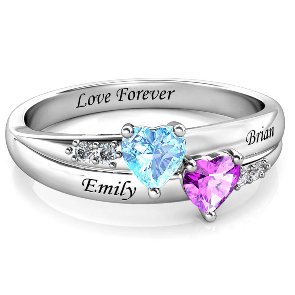 Personalised Two Heart Birthstones Ring with Two Engraved Names Sterling Silver