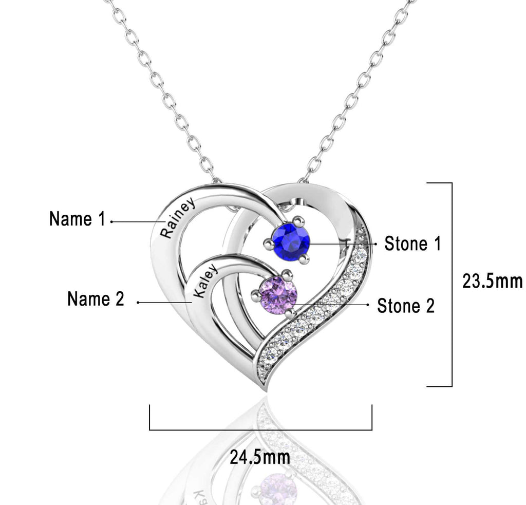 Personalised Necklace - Heart Necklace with 2 Birthstones and 2 Names Sterling Silver