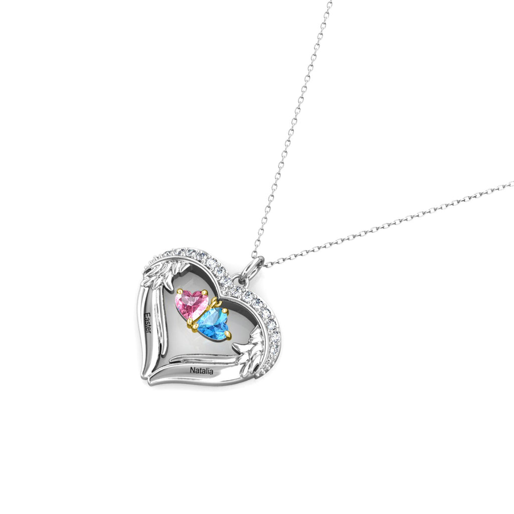 Heart Shaped Personalised Necklace with Two Heart Birthstones and Two Engraved Names