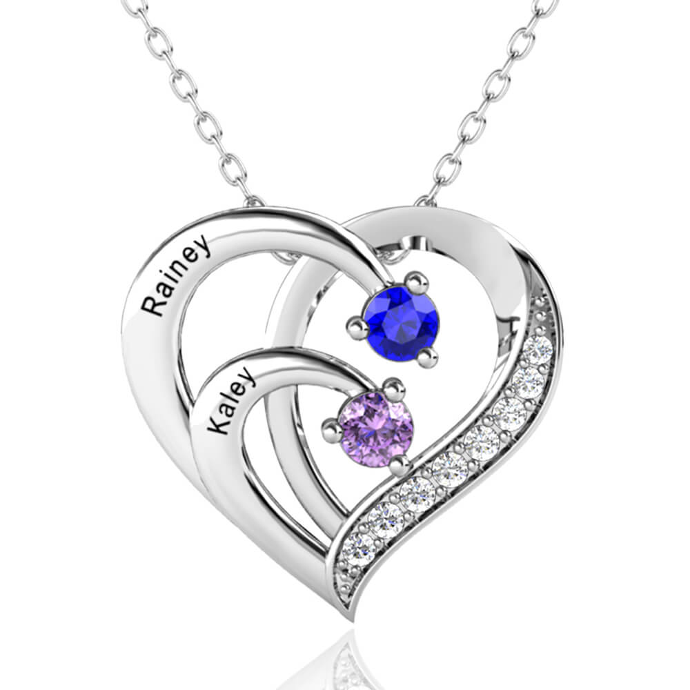 Personalised Necklace - Heart Necklace with 2 Birthstones and 2 Names Sterling Silver