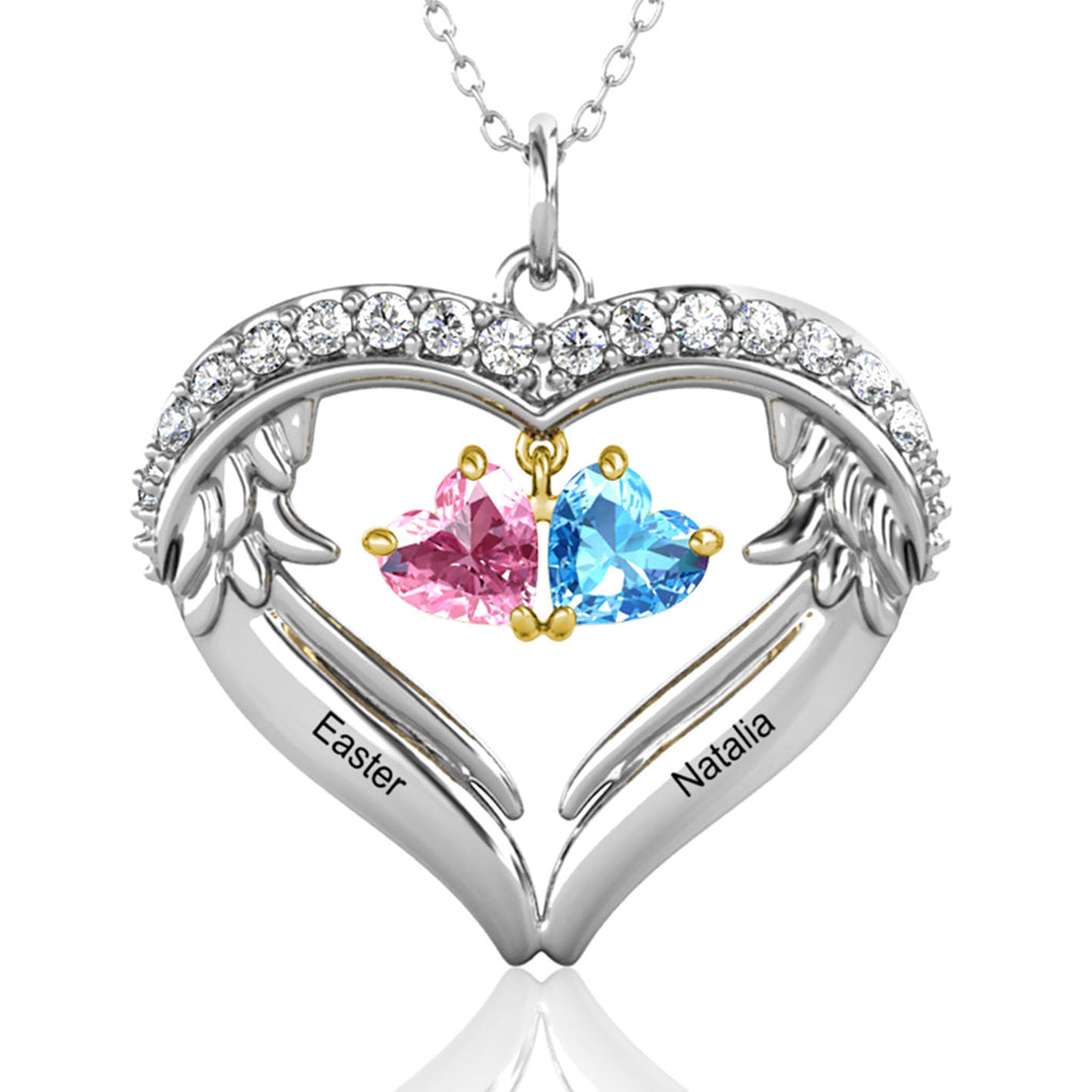 Heart Shaped Personalised Necklace with Two Heart Birthstones and Two Engraved Names