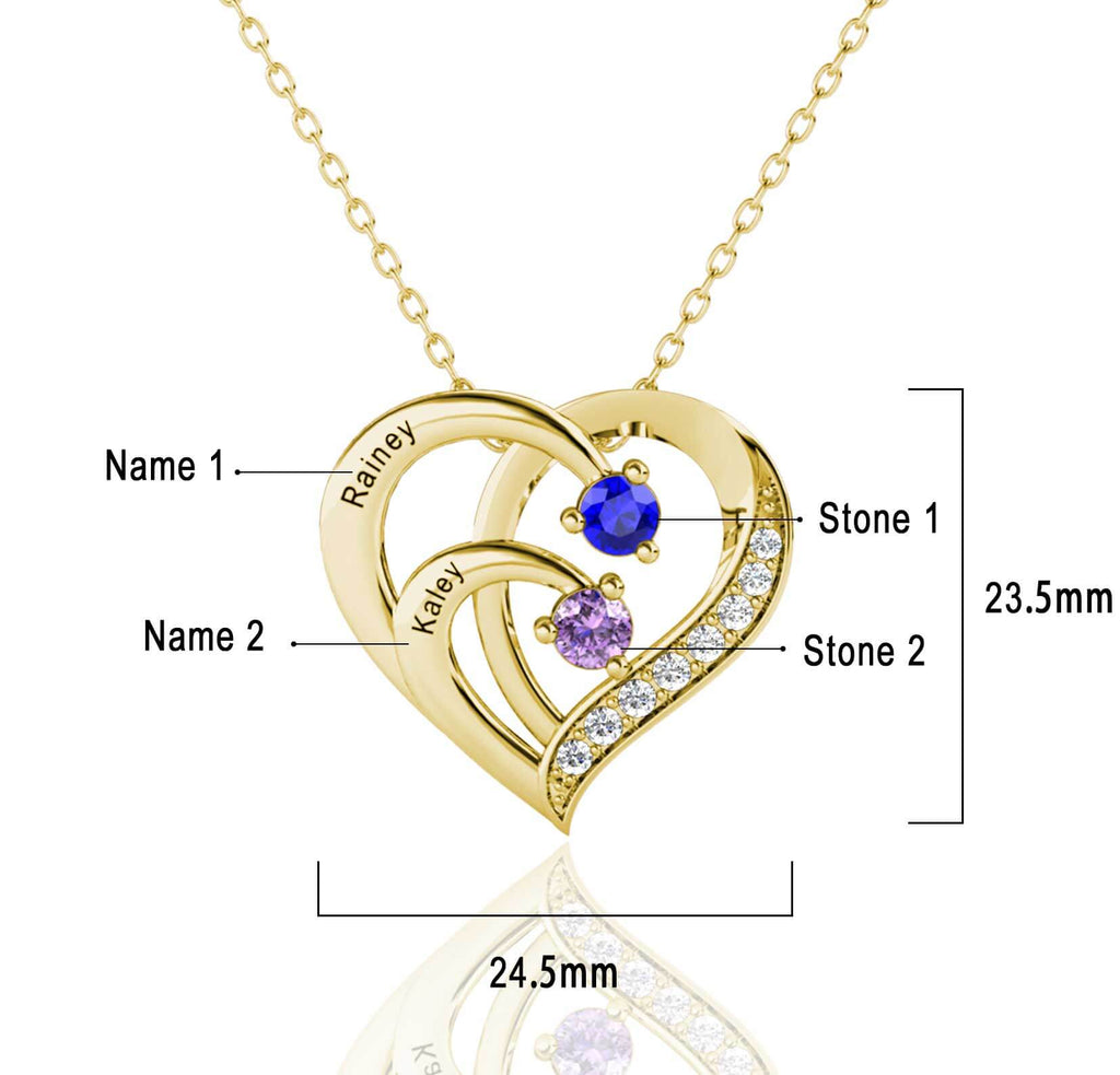 Personalised Heart Necklace with 2 Birthstones and 2 Engraved Names Gold