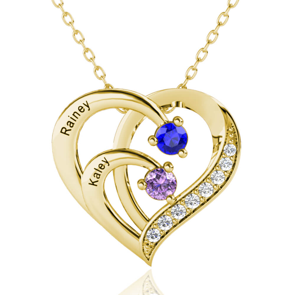 Personalised Heart Necklace with 2 Birthstones and 2 Engraved Names Gold