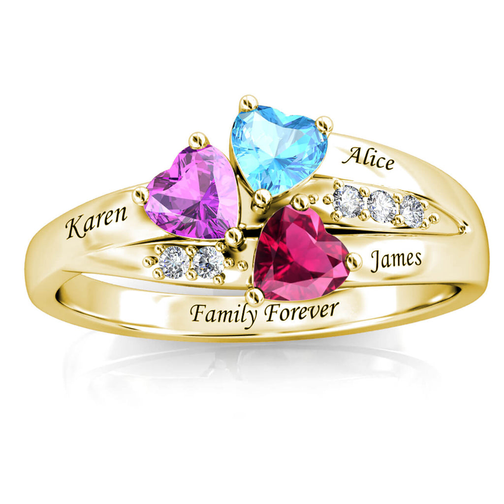 Personalised Three Heart Birthstones Ring with Engraved Names Yellow Gold