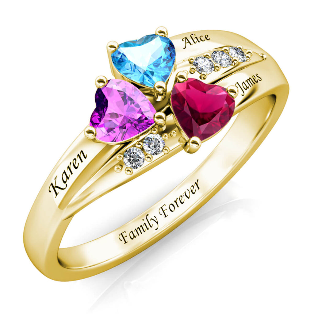 Personalised Three Heart Birthstones Ring with Engraved Names Yellow Gold