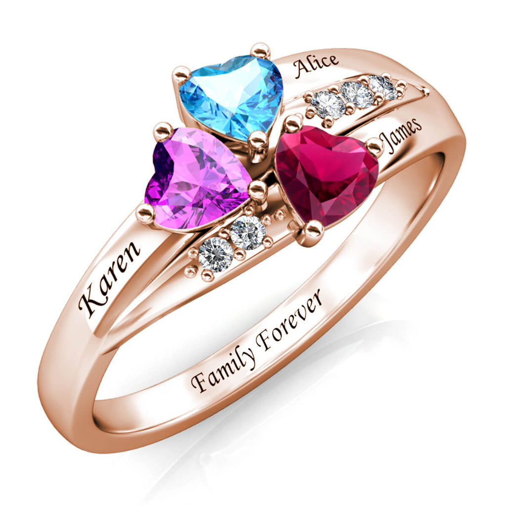 Personalised Three Heart Birthstones Ring with Engraved Names Rose Gold