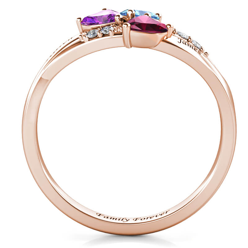 Personalised Three Heart Birthstones Ring with Engraved Names Rose Gold