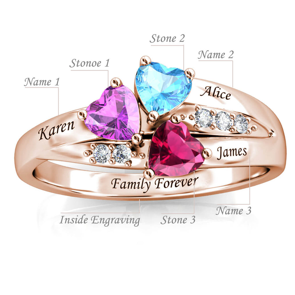 Personalised Three Heart Birthstones Ring with Engraved Names Rose Gold