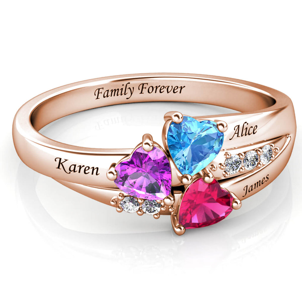 Personalised Three Heart Birthstones Ring with Engraved Names Rose Gold
