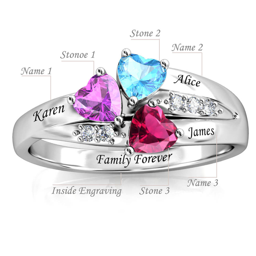 Personalised Three Heart Birthstones Ring with Engraved Names Sterling Silver