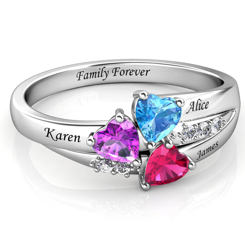 Personalised Three Heart Birthstones Ring with Engraved Names Sterling Silver