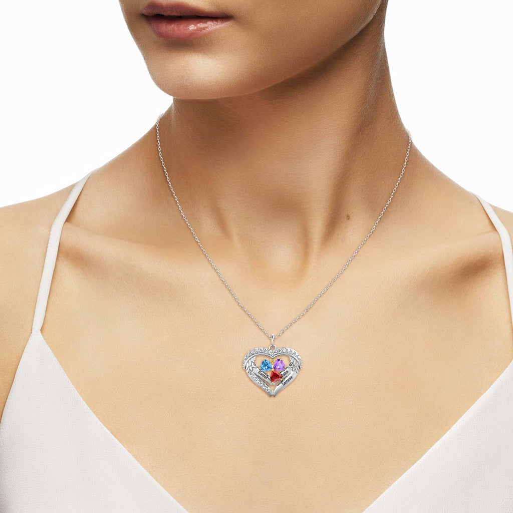 Heart Shaped Personalised Necklace with Three Heart Birthstones and Three Engraved Names
