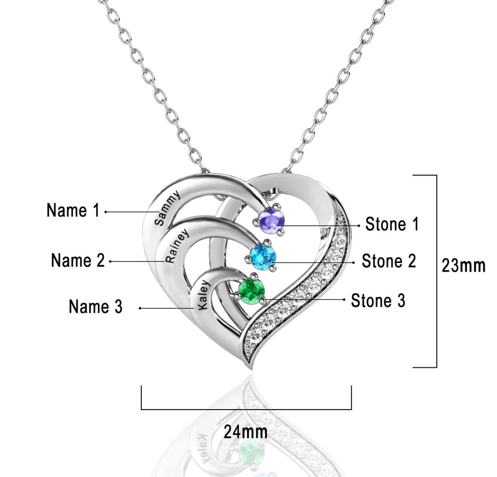 Heart Shaped Personalised 3 Birthstone Necklace with Engraved 3 Names