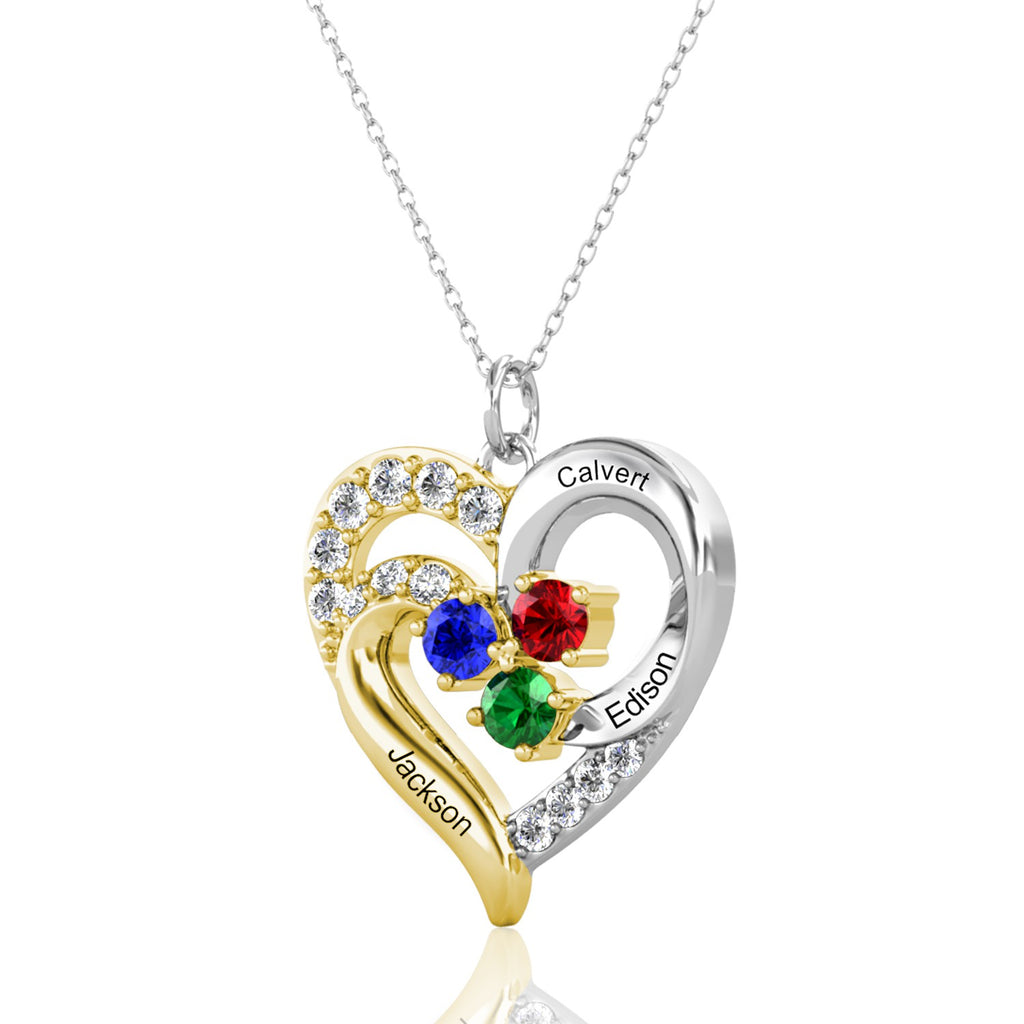 Heart Shaped Personalised Necklace with Three Birthstones and Three Engraved Names