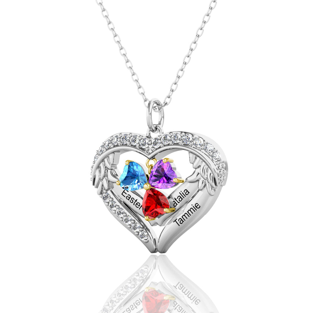 Heart Shaped Personalised Necklace with Three Heart Birthstones and Three Engraved Names