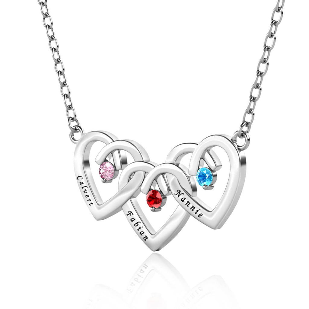 Silver Personalised Three Heart Shaped Pendant Necklace with Three Birthstones and Three Engraved Names