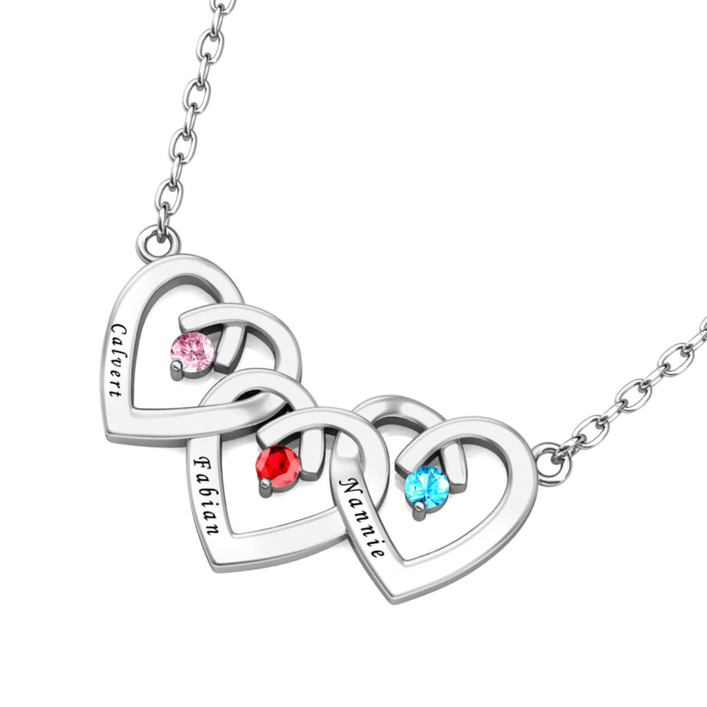 Silver Personalised Three Heart Shaped Pendant Necklace with Three Birthstones and Three Engraved Names