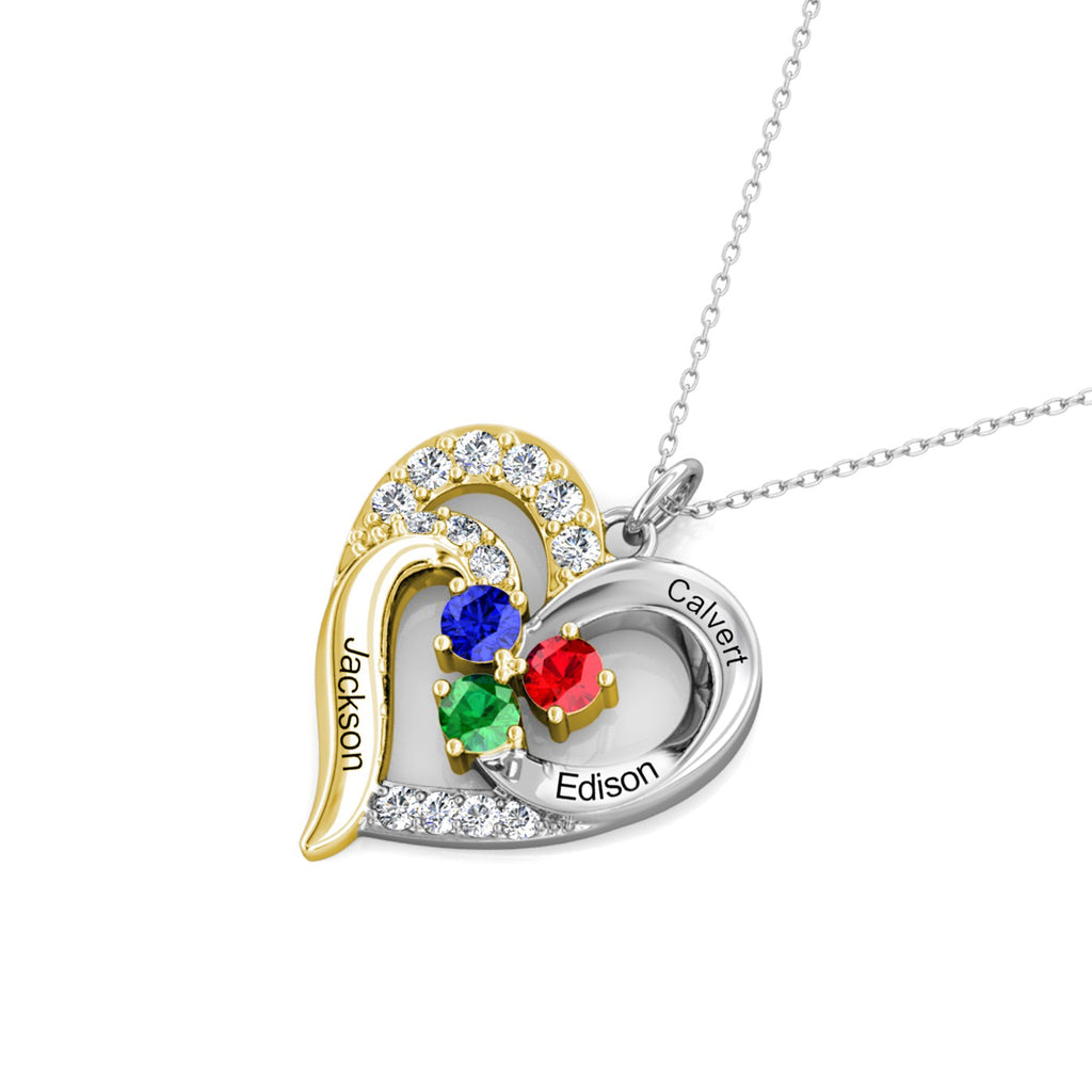 Heart Shaped Personalised Necklace with Three Birthstones and Three Engraved Names