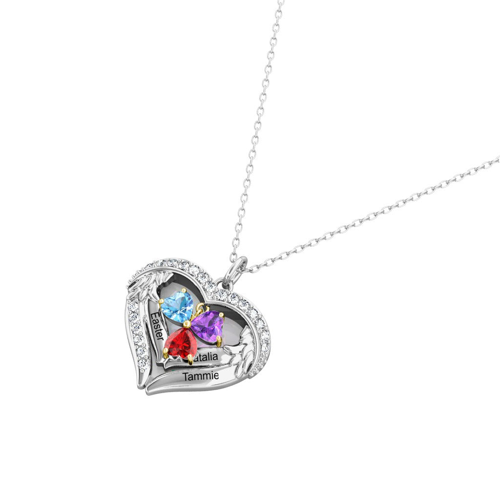 Heart Shaped Personalised Necklace with Three Heart Birthstones and Three Engraved Names