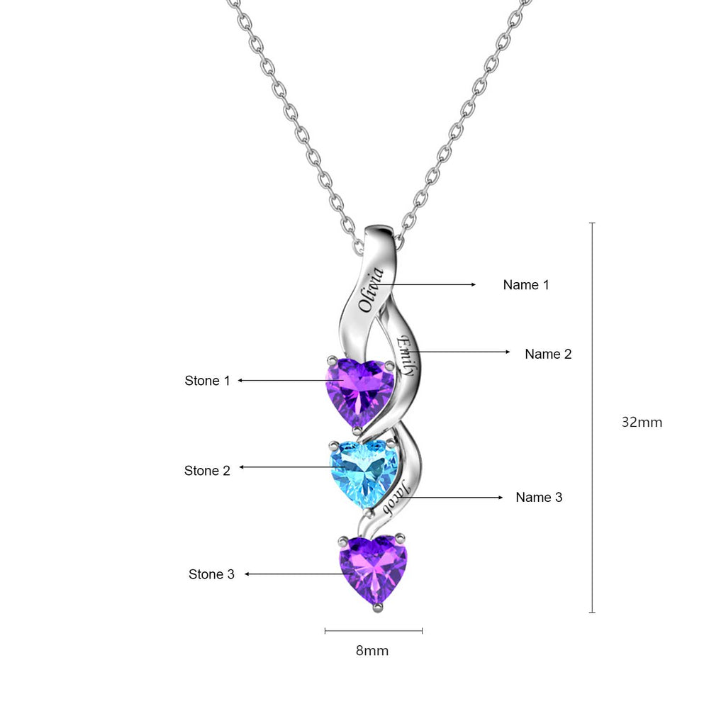 Personalised Necklace with Three Names and Three Heart Birthstones
