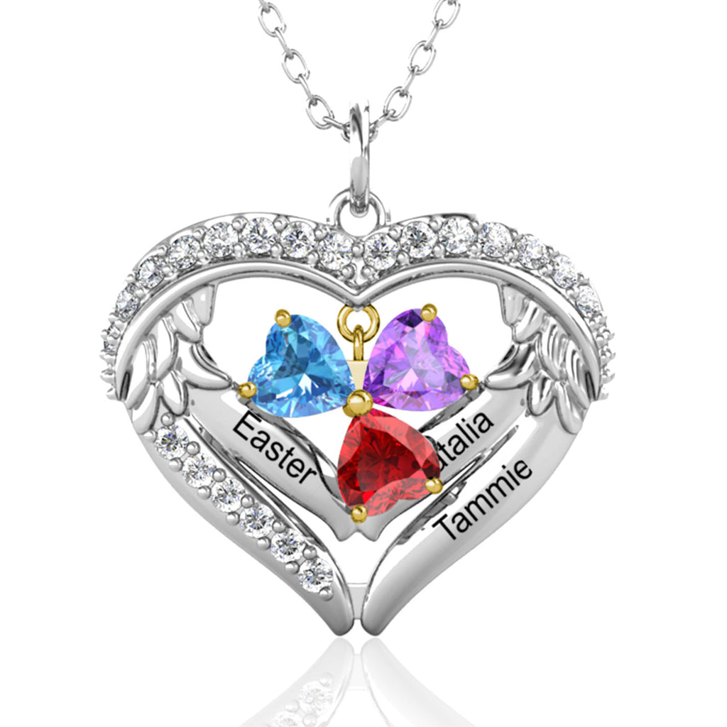 Heart Shaped Personalised Necklace with Three Heart Birthstones and Three Engraved Names