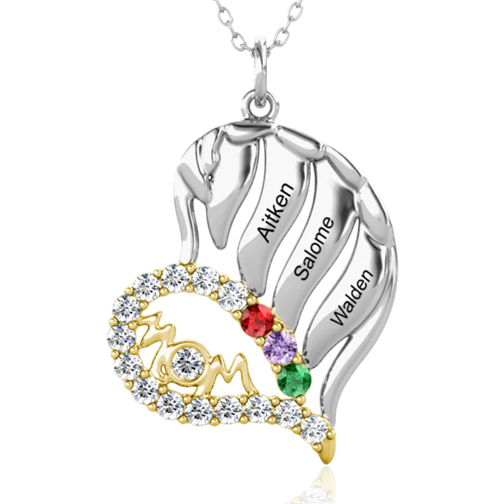 Personalised Heart Shaped Three Names Mother's Necklace with Three Birthstones Sterling Silver