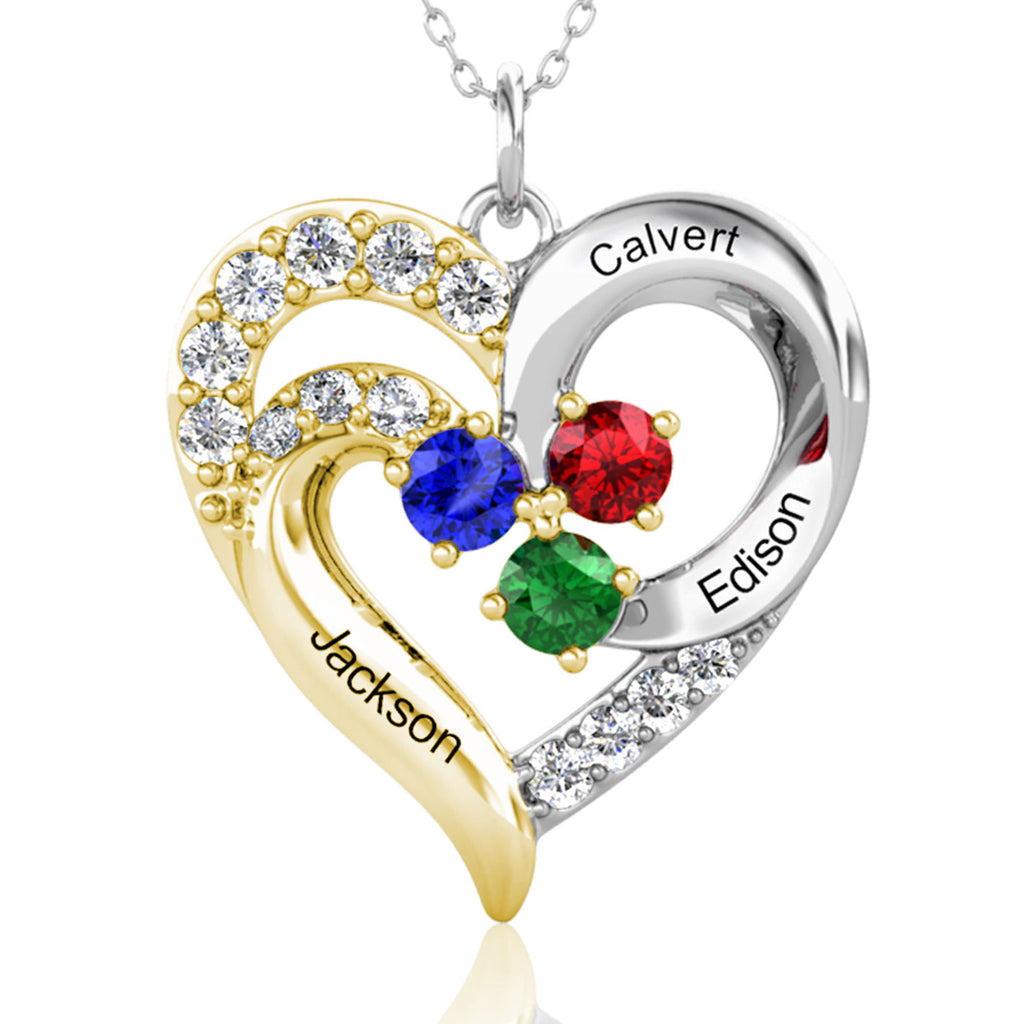 Heart Shaped Personalised Necklace with Three Birthstones and Three Engraved Names