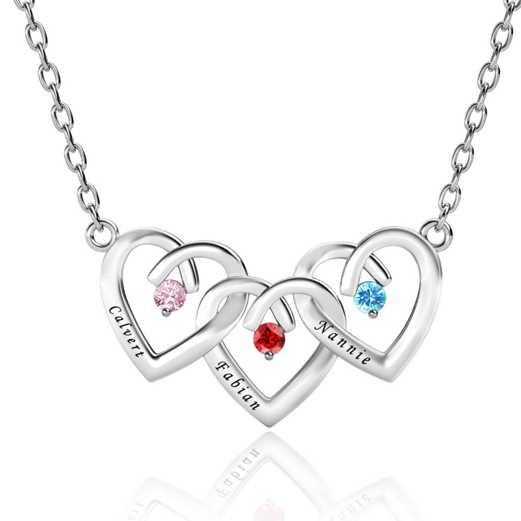 Silver Personalised Three Heart Shaped Pendant Necklace with Three Birthstones and Three Engraved Names