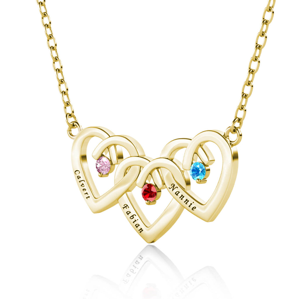 Personalised Three Heart Shaped Pendant Necklace with Three Birthstones and Three Engraved Names