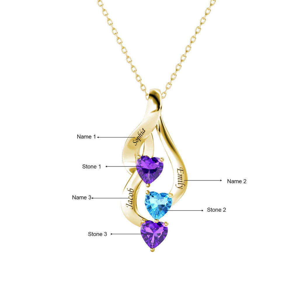 Personalised Necklace with Three Heart Shaped Birthstones and Three Engraved Names