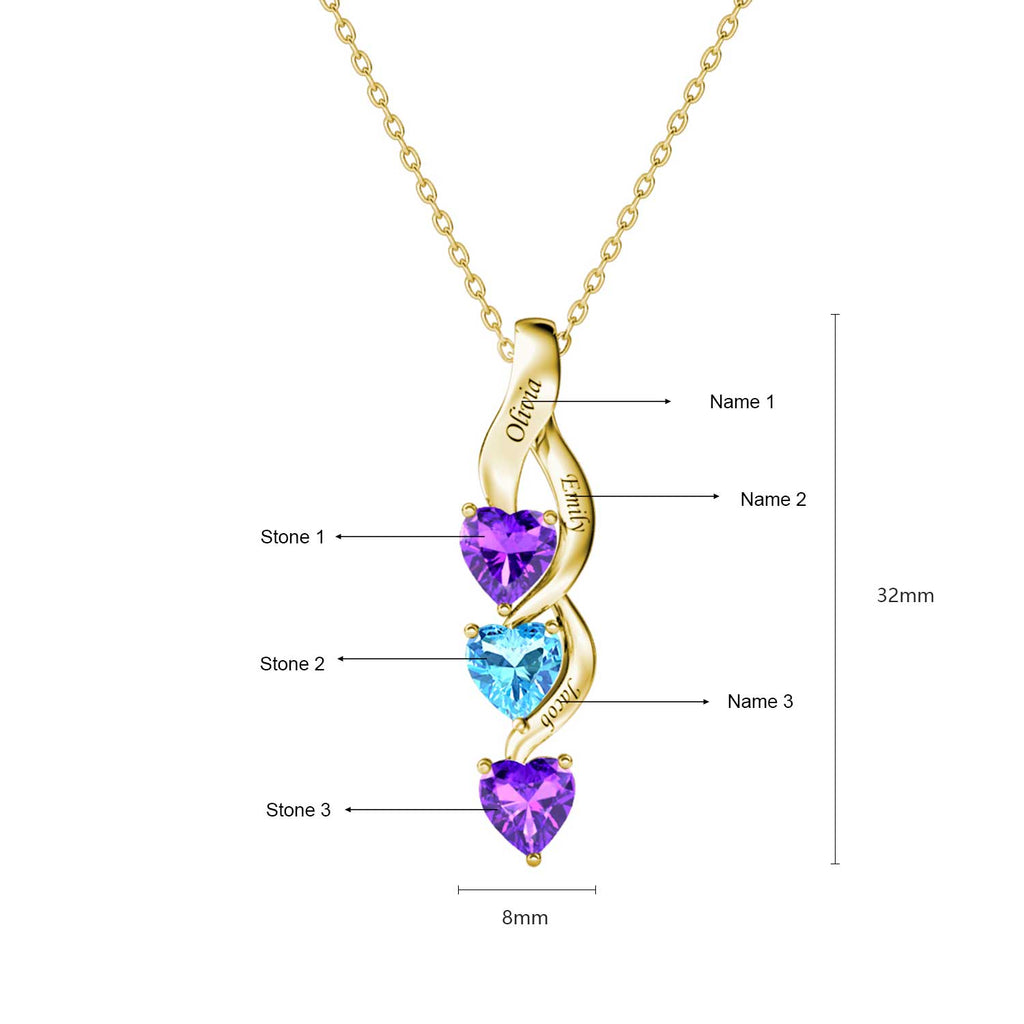 Personalised Necklace with Three Names and Three Heart Birthstones